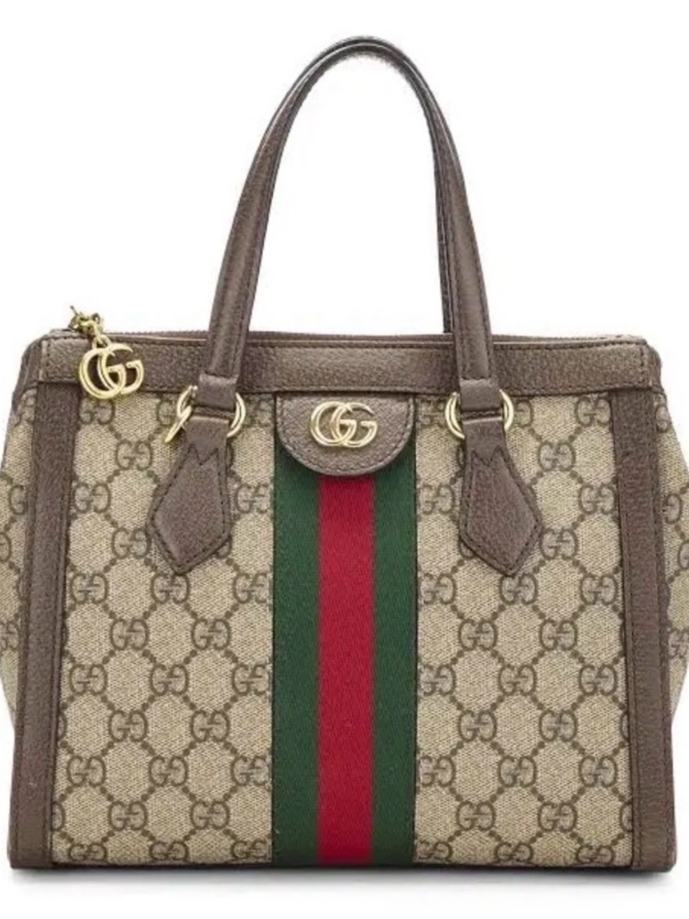 Gucci Brown Ophidia GG Supreme Canvas Tote with Green-Red Web Stripe - medium